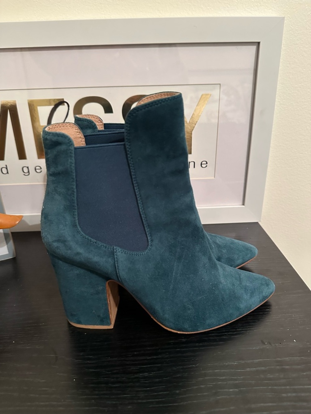 Chinese Laundry Teal Suede Block Heel Ankle Boots - Picture 6 of 9